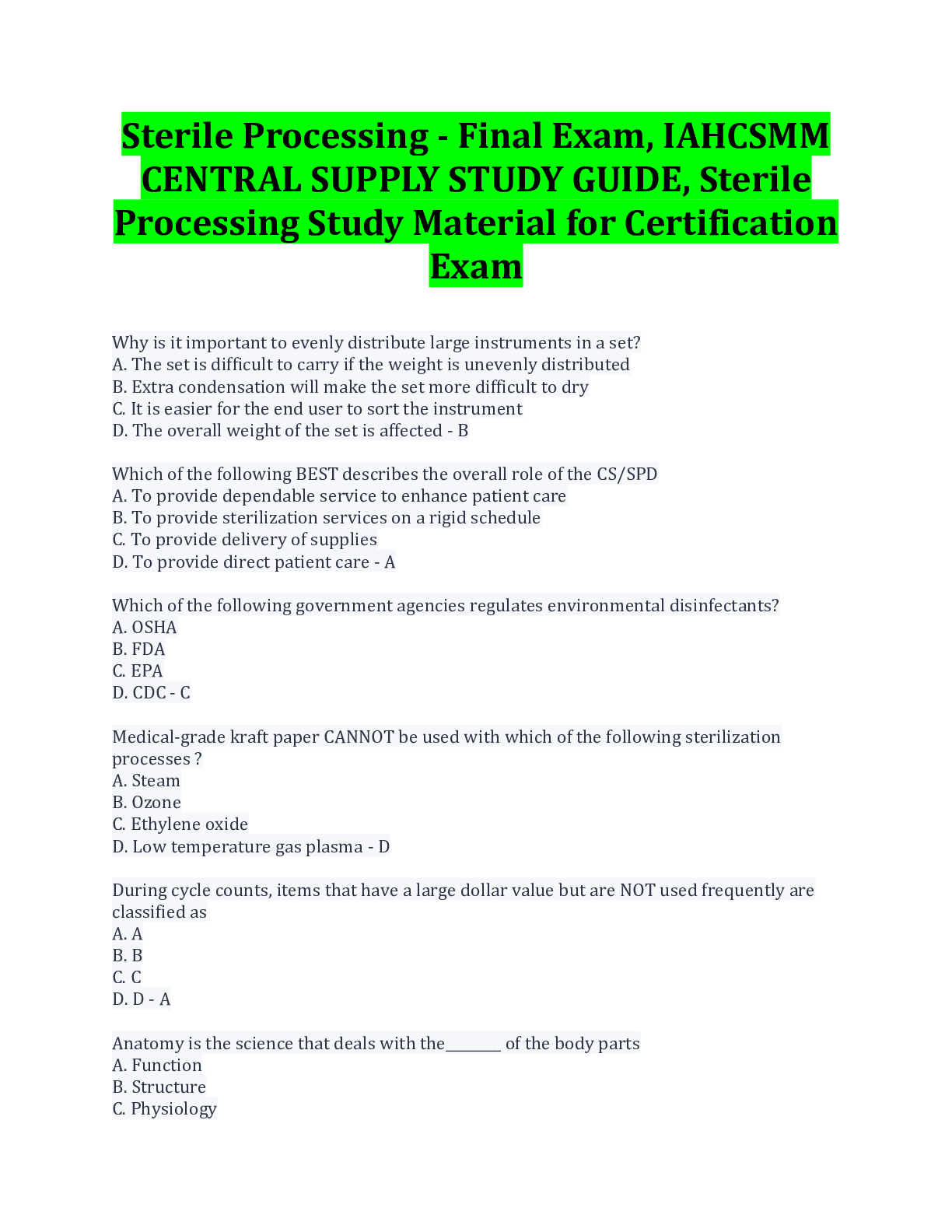 Preview of Sterile Processing - Final Exam, IAHCSMM CENTRAL SUPPLY STUDY GUIDE, Sterile Processing St
